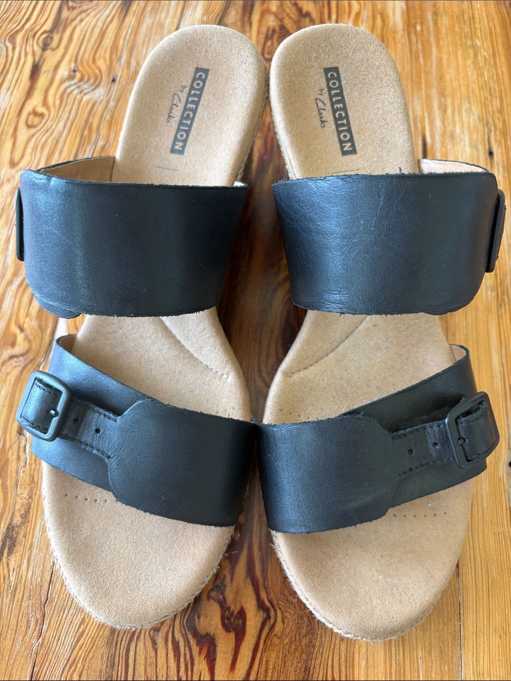 Clarks Black Leather Double-Band Slide Sandals
